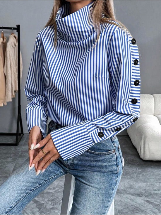 SHEIN Tops - SHEIN Blue and White Striped High-Neck Button Sleeve Blouse